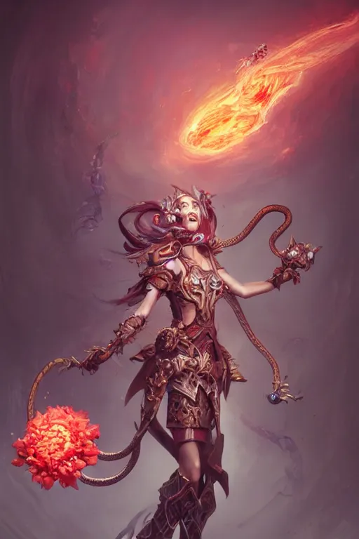 Image similar to beautiful girl necromancer covered with snake sking exploding into blood, practical armor, heroes of the storm, 3 d render, hyper realistic detailed portrait, holding magic flowers, ruan jia, wlop. scifi, fantasy, hyper detailed, octane render, concept art, peter mohrbacher