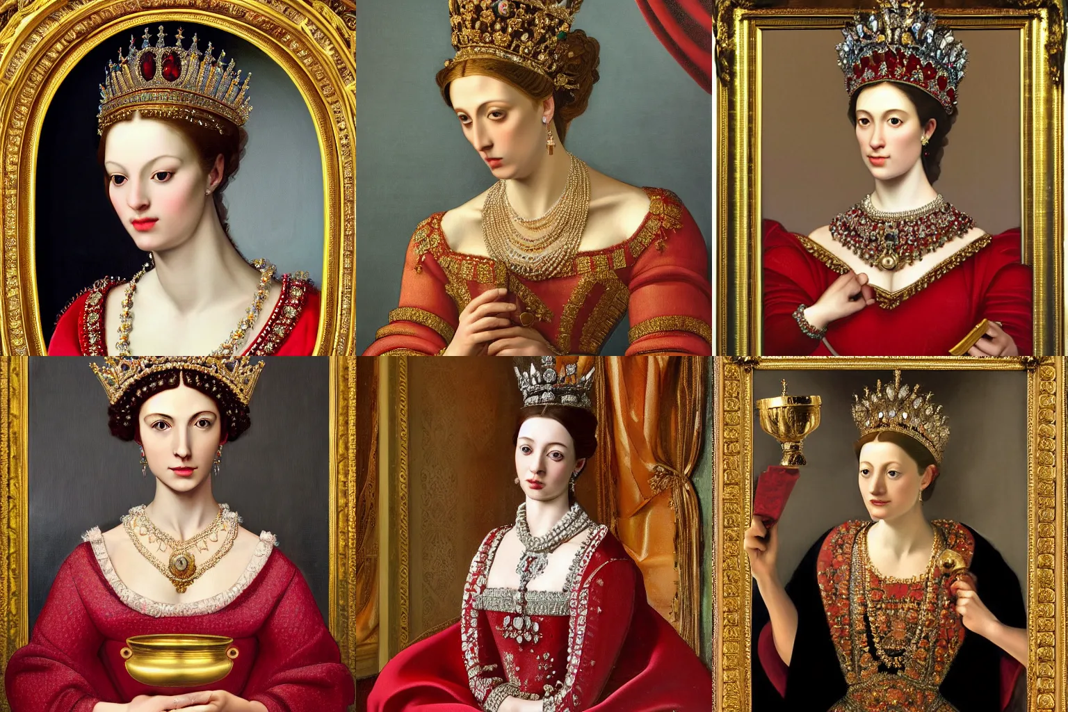 Image similar to A extremely highly detailed majestic hi-res beautiful painting of a beautiful woman wearing a long royal red silk dress, the crown jewels is on her head and she is holding a golden goblet and around her neck is a ornate golden necklace decorated with diamonds and rupees by Michelangelo Merisi da Caravaggio, high detail, hyperrealistic, photorealistic, octante render, cinematic, high textures, hyper sharp, 4k insanely detailed and intricate, hypermaximalist, 8k, hyper realistic, super detailed, 4k HDR hyper realistic high,