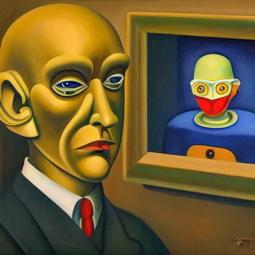 Image similar to super - intelligent robot with kind eyes portrait, lowbrow, pj crook, grant wood, edward hopper, oil on canvas