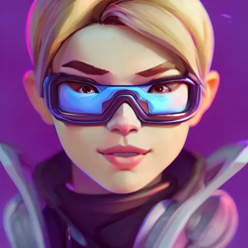 Image similar to head of overwatch main character Blizzard pixar 3d maya engine on stylized background splash comics global illumination lighting, lois van baarle, ilya kuvshinov, rossdraws, artstation