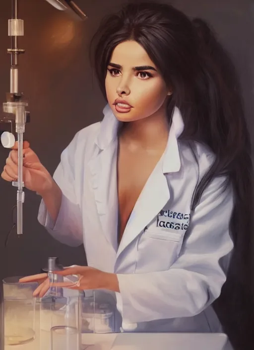 Image similar to demi rose wearing a labcoat in a biology lab, microscope on the table, expressive oil painting, matte art, trending on artstation, sunlit, octane render, brushstrokes, beautiful face portrait, beautiful lighting