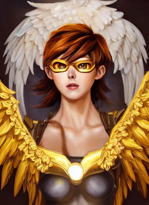 KREA - full body oil painting of tracer overwatch in the style of artgerm,  angel wings, angelic golden armor, dramatic painting, symmetrical  composition, ornate, high detail, gold detailed collar!!!!!, blooming,  lights, flowers