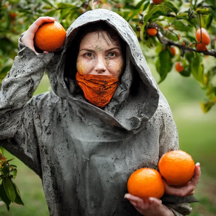 Image similar to a closeup portrait of a woman wearing a hood made of muddy hazmat hood, picking oranges from a tree in an orchard, foggy, moody, photograph, by vincent desiderio, canon eos c 3 0 0, ƒ 1. 8, 3 5 mm, 8 k, medium - format print