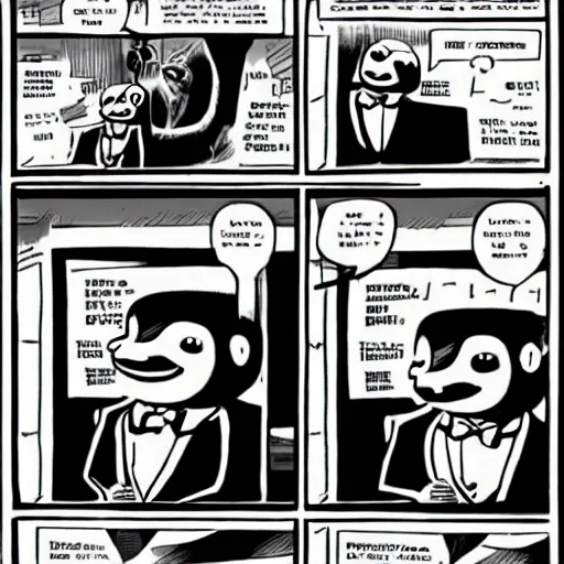 Image similar to a sloth dressed in a suit is standing in an office. Comic by Mike mignola