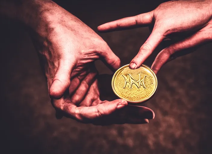 Prompt: a demon's hand holding a coin worth 1 human soul to be traded in hell. centered. horror dystopia style. highly detailed 8 k. intricate. nikon d 8 5 0 3 0 0 mm. award winning photography.