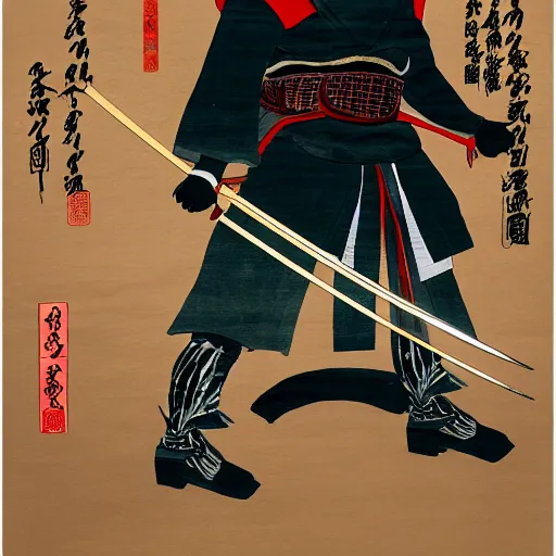 Image similar to donald trump dressed as a samurai holding a katana in a japanese edo period ink block painting, 4 k, hyper realistic, dslr, high resolution, landscape, beautiful