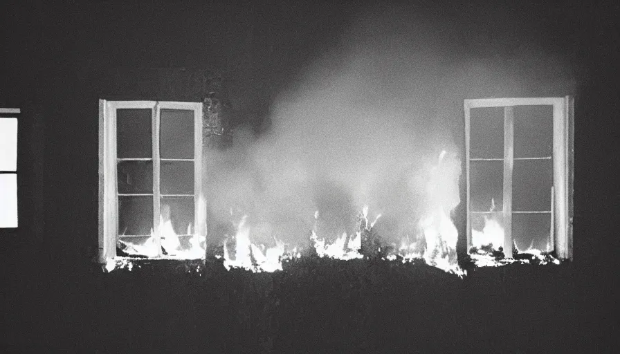 Prompt: 1 9 7 0 s movie still of a burning house windows in a small french village by night, cinestill 8 0 0 t 3 5 mm, heavy grain, high quality, high detail, dramatic light, anamorphic, flares