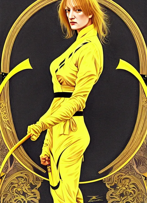 Image similar to uma thurman in kill bill, rococo and art nouveau fusion, reflective katana, yellow jumpsuit with black stripe, highly detailed, deep focus, elegant, digital painting, smooth, sharp focus, illustration, ultra realistic, japanese art by artgerm and alphonse mucha