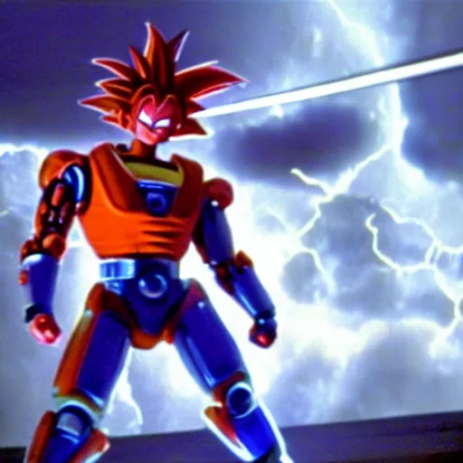 Image similar to movie still of robot goku, cinematic composition, cinematic light, criterion collection, by wes craven