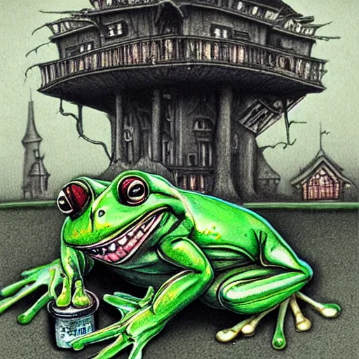 Image similar to A portrait of a scary godlike anthropomorphic frog smoking a cigarette , mansion made of mushrooms in background . award winning. superb resolution. in the art style of junji Ito and greg rutkowski . Detailed Mushroom city in background. Hyper realistic anime. Perfect art. Dalle2