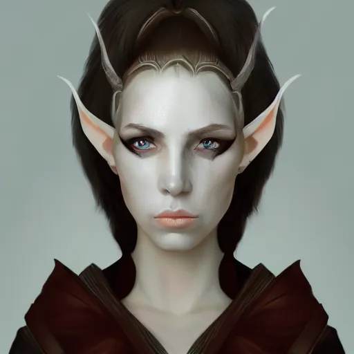 Image similar to portrait of a female half - elf gloura with white skin, white hair, white eyes, short wavy hair, gray spots on cheeks, trending on artstation, fantasy portrait