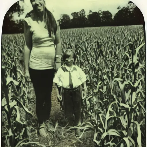 Image similar to old polaroid of an family picnic with a weird creature in a corn field