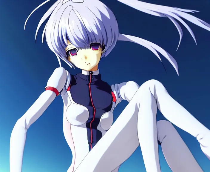 Image similar to anime art, fullbody shot of female rei ayanami, evangelion, long blue hair and large eyes, finely detailed perfect face, in a pale skintight plugsuit, sitting on rooftop, flooded city, trending on pixiv fanbox, by ilya kuvshinov, sola digital arts,, raytracing