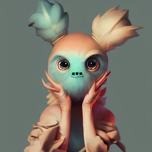 Image similar to funny cute little monster by artgerm and beeple, soft lighting, solid background,
