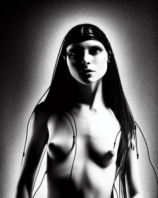 Image similar to black and white artistic photo, young female cyborg - plant goddess, microchip, artificial intelligence, bio - mechanical bio - luminescence, black wired cables, cinematic, rim light, photo - realistic, 8 k, in the style of steven meisel and dora maar and h. g. giger