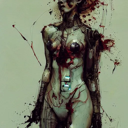 Prompt: beautiful redhead female cyborg, wires, skulls!! machines ( by emil melmoth zdzislaw belsinki craig mullins yoji shinkawa ) realistic render ominous detailed photo atmospheric by jeremy mann francis bacon and agnes cecile ink drips paint smears!! digital glitches glitchart!!