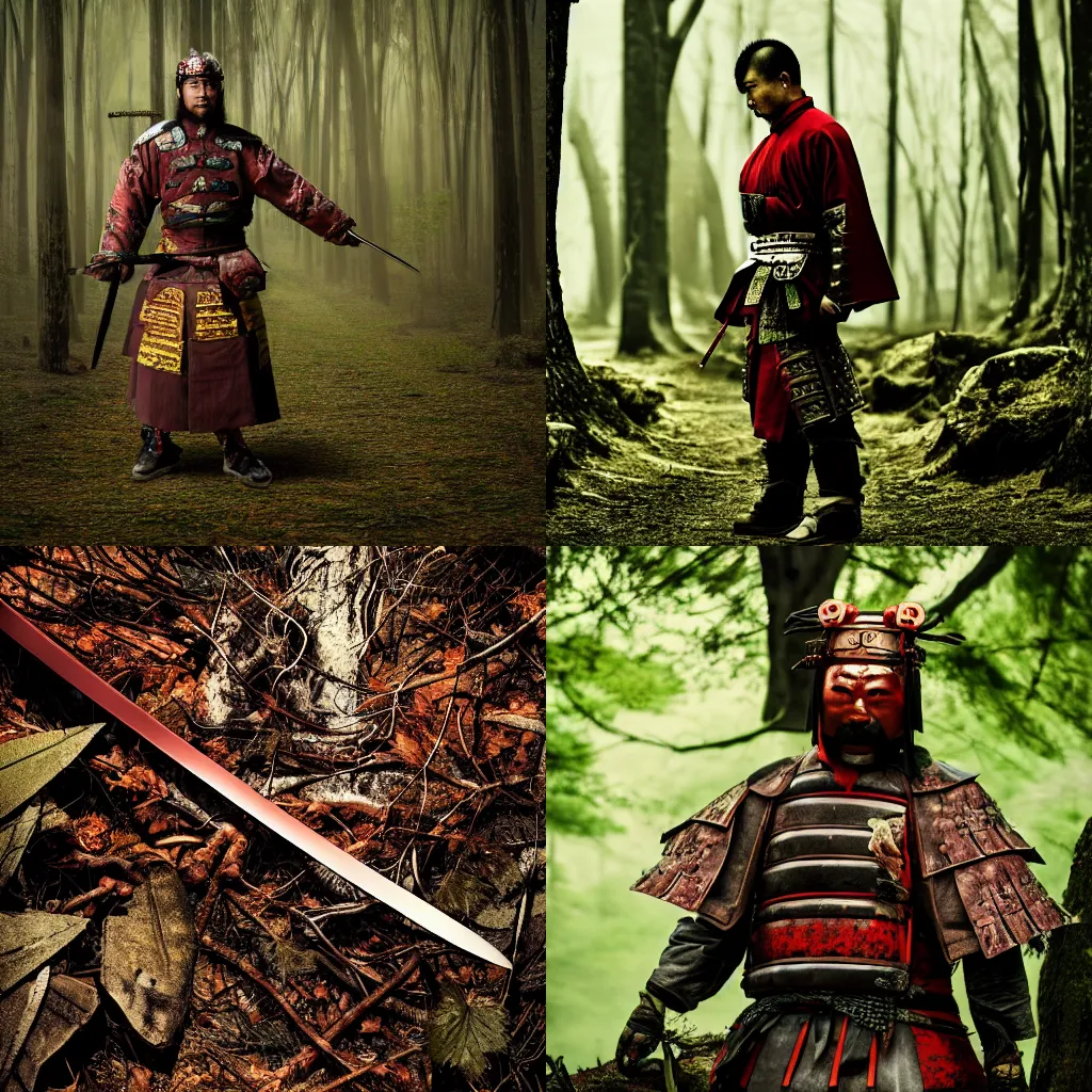 Prompt: Strong Chinese Samurai, Rusted Blade, In A Forest, 4K