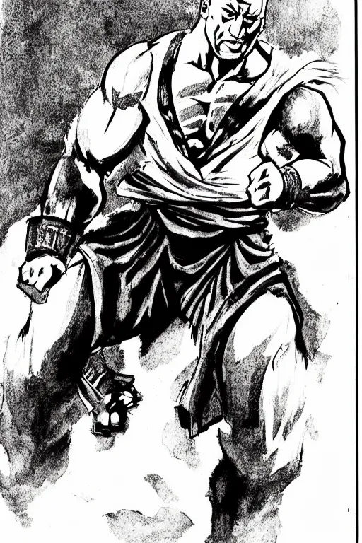 Prompt: a Manga ink drawing of Dwayne Johnson as a kung fu fighter in the style of Katsuhiro Ottomo.