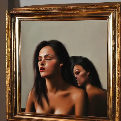 Prompt: hyperrealism oil painting of a sensual fashion model looking in mirror