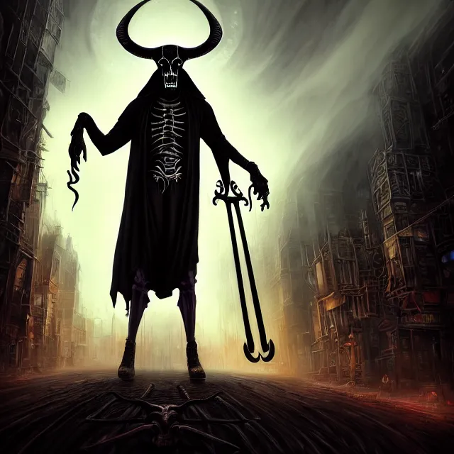 Image similar to Beautiful portrait 3d render of the Baphomet gothic grim reaper with a giant scythe, centered face, portrait, atmospheric lighting, painted, intricate, volumetric lighting, beautiful, rich deep colours masterpiece, sharp focus, ultra detailed, in the style of Dan Mumford and marc simonetti, with a crowded futuristic cyberpunk city in the background, astrophotgraphy