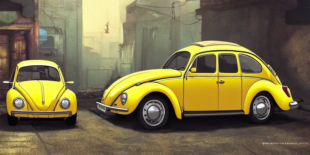 Image similar to a wholesome animation key shot of a focused old yellow beetle Volkswagen car parked in an abandoned alleyway, medium shot, waist up, studio Ghibli, Pixar and Disney animation, sharp, very detailed, high resolution, Rendered in Unreal Engine 5, anime key art by Greg Rutkowski, Bloom, dramatic lighting