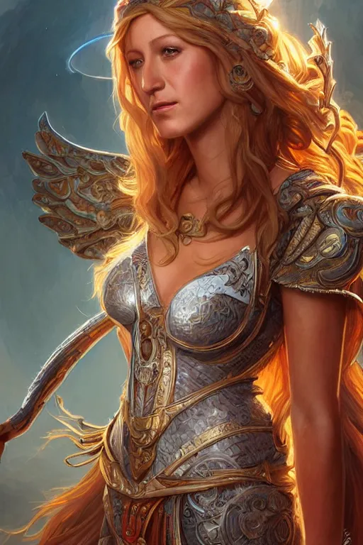 Image similar to ultra realistic illustration, blake lively as athena from baldurs gate and diablo, intricate, elegant, highly detailed, digital painting, artstation, concept art, smooth, sharp focus, illustration, art by artgerm and greg rutkowski and alphonse mucha