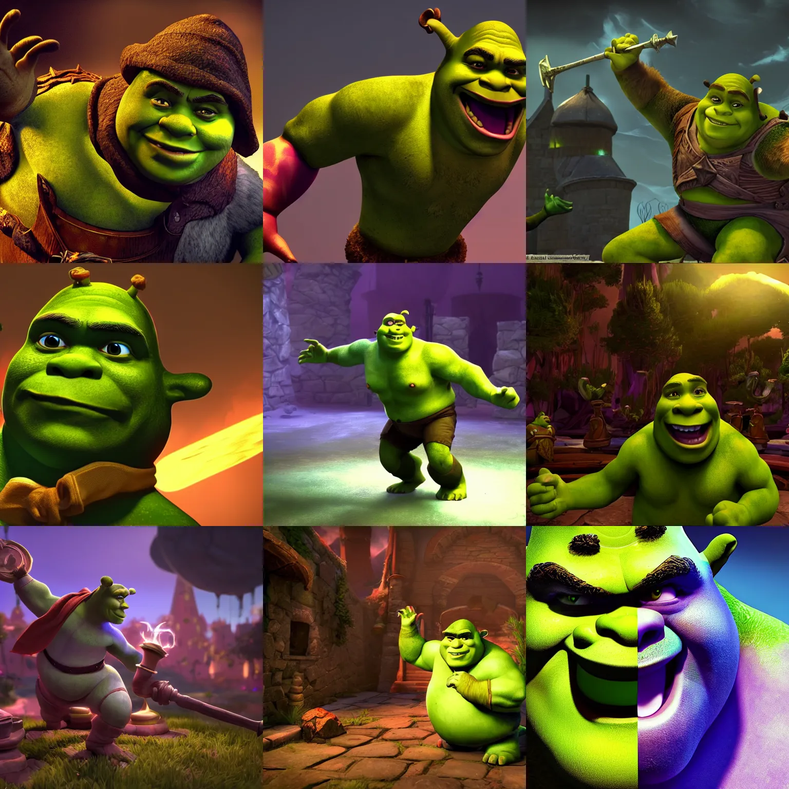 Prompt: shrek in fortiche productions, league of legends cinematic, dramatic lighting, stylized cgi render