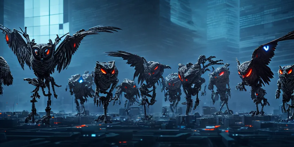 Image similar to an army of evil, malevolent, giant cyborg owls surrounded by computers and computer screens. this 4 k hd image is trending on artstation, featured on behance, well - rendered, extra crisp, features intricate detail and the style of unreal engine. volumetric lighting octane render