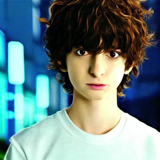 Prompt: a screenshot of finn wolfhard in death note ( the anime ) ( 2 0 0 6 ), anime, vhs quality