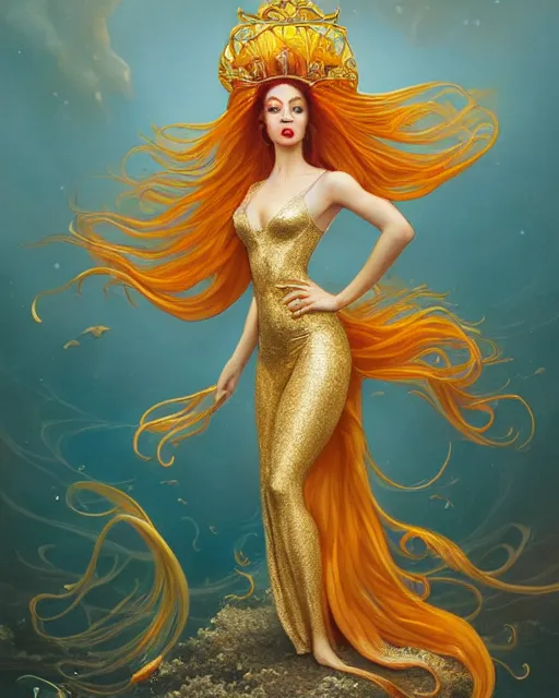 Image similar to a beautiful goldfish woman, pinup pose, long hair, tall and thin, wearing dozens of pendants and a gown of gold, small delicate crown of the sea on her head, illustration, symmetry accurate features, volumetric light clouds, ultra realist soft painting, (art nouveau), octane render, 8k, HD, by Tom Bagshaw, Brom, Charlie Bowater, faces by otto schmidt