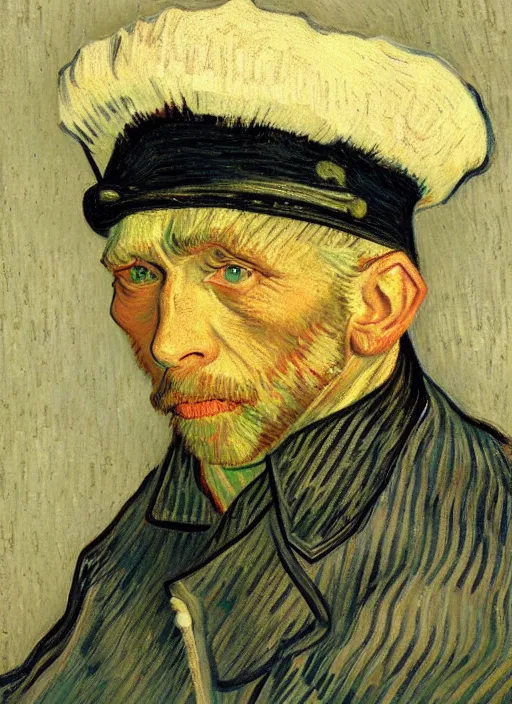 Image similar to portrait of a very old sailor with white hair and hat, asleep, detailed realism face in painting, detailed beautiful portrait, expressionist oil painting masterpiece, 8 k resolution, smooth, sharp focus, pastel color palette, trending on artstation, by van gogh