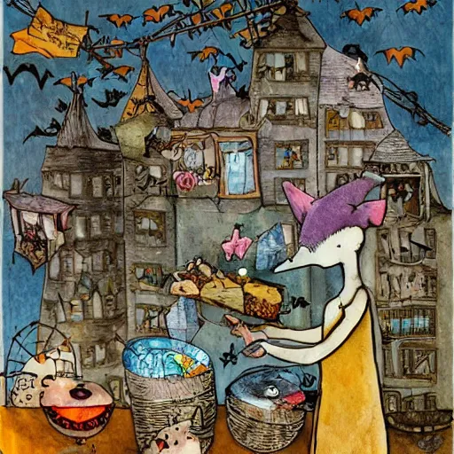 Image similar to bats picking up wishes for delivery at the Wish Factory, Wimmelbilder book by Brenda Haw, cut-away, find the hidden object, whimsical, cel-shaded, hyperdetailed, intricate, ArtStation