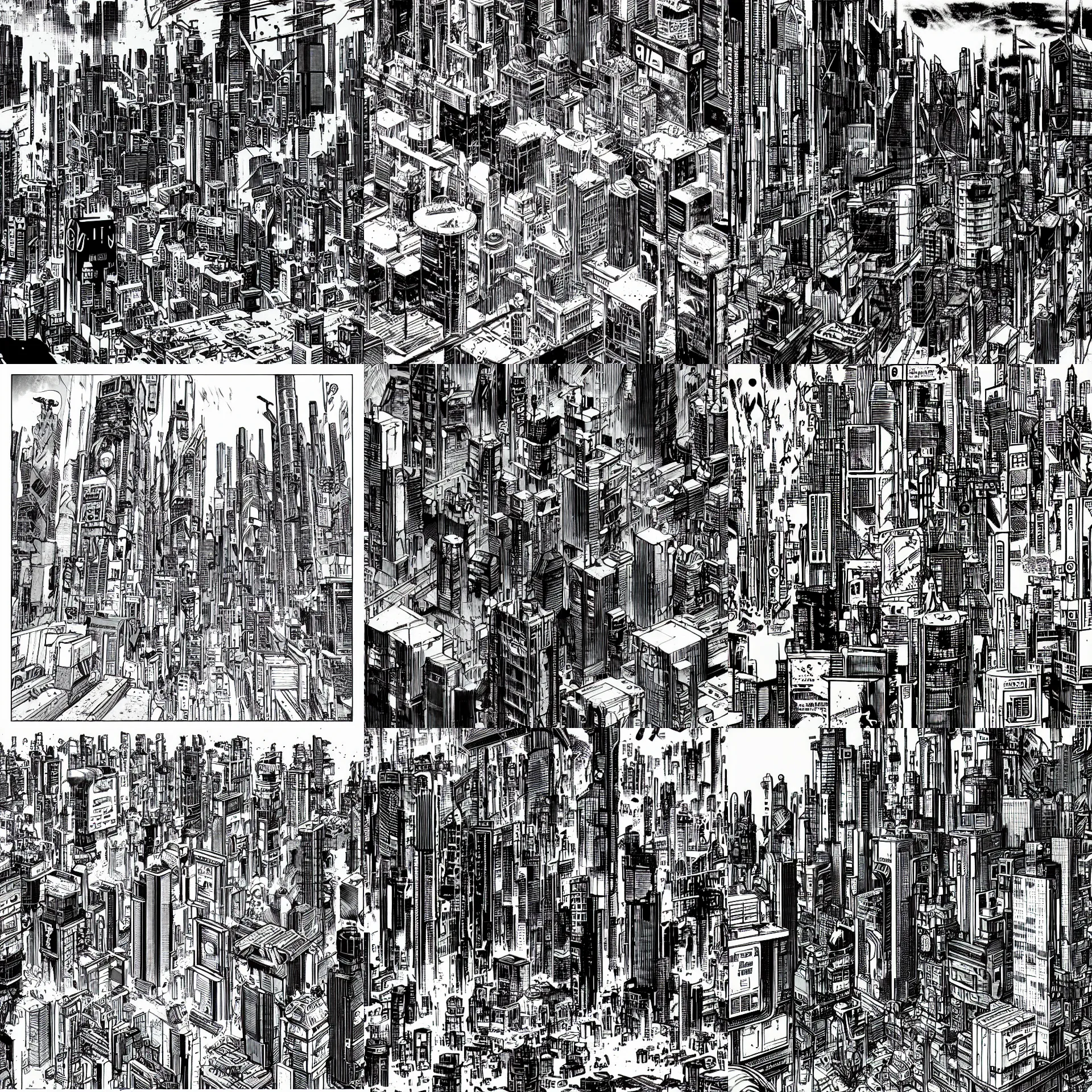 Prompt: tilt - shifted picture of a futuristic cyberpunk city, a page from cyberpunk 2 0 2 0, style of paolo parente, style of mike jackson, 1 9 9 0 s comic book style, white background, ink drawing, black and white