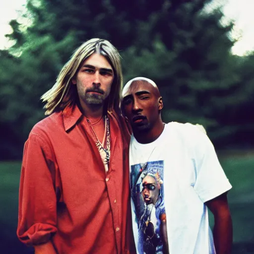 Image similar to Polaroid photograph of Kurt Cobain and Tupac Shakur, XF IQ4, 150MP, 50mm, F1.4, ISO 200, 1/160s, natural light, Adobe Lightroom, photolab, Affinity Photo, PhotoDirector 365,