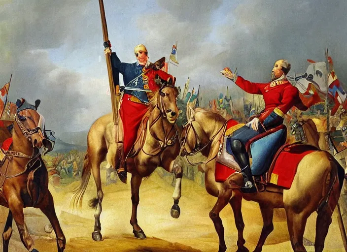Prompt: a high detail oil painting equestrian image of judge baltasar garzon leading spain and the troops to victory over the moors, raising the spanish flag with his right hand and a sword in his left