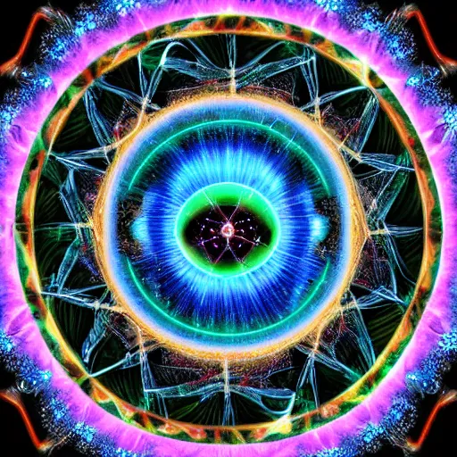 Image similar to quantum mechanical transdimensional threads that connect all human minds to cosmic awareness | scientific psychedelic mystical occult religious imagery