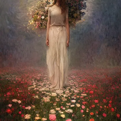 Image similar to a gigantic beautiful terrifying monster made of flowers looms over a tiny human. ethereal horror fantasy art by greg rutkowski and magali villanueve and monet