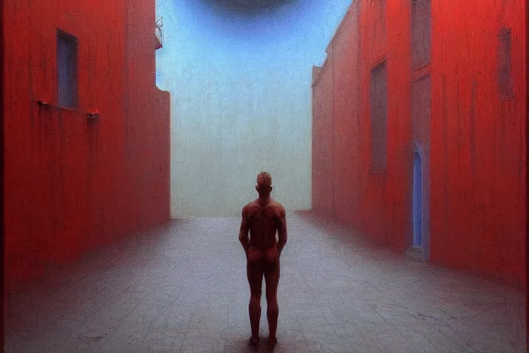 Prompt: only with blue, a man in love during birth, a red great dane, in hoc signo vinces, nyc in background, an ancient path, in the style of beksinski, part by hopper, part by rodcenko, part by hofbauer, intricate composition, blue by caravaggio, insanely quality, highly detailed, masterpiece, red light, artstation