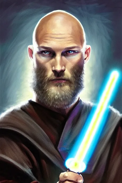 Prompt: bald Travis Fimmel with a long shaggy beard as a Jedi Master, lightsaber visible, looking at the viewer, detailed face, high contrast, highly detailed, digital painting, sharp focus, trending on artstation, concept art, illustration, art by greg hildebrandt and clayton crain