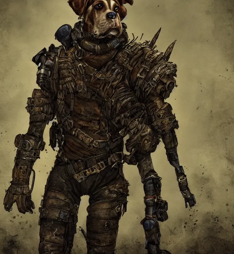 Image similar to a good ol'hound dog fursona ( from the furry fandom ), heavily armed and armored facing down armageddon in a dark and gritty version from the makers of mad max : fury road. witness me.