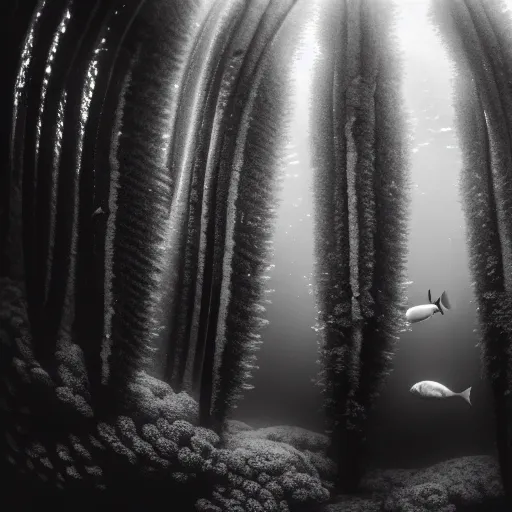 Image similar to a gloomy fish swimming through trees in a black and white forest