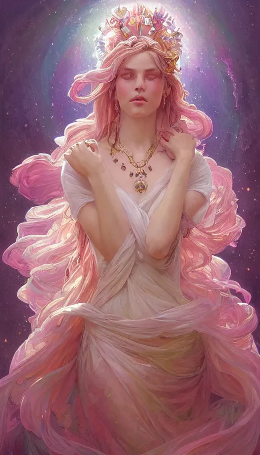 Image similar to portrait of magical dream goddess, ethereal, expressive pose, pink eyes, peaceful expression, ornate frilly dress, fantasy, intricate, elegant, many rainbow bubbles, highly detailed, digital painting, artstation, concept art, smooth, sharp focus, illustration, art by artgerm and greg rutkowski and alphonse mucha