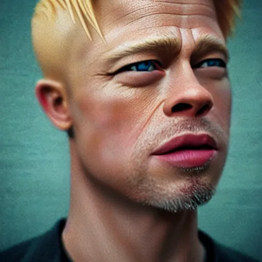 Prompt: realistic expired fuji film portrait of albino brad pitt mix, hyperrealism, hypermaximalism, photorealistic, detailed, atmospheric, 8 k, award winning photography, cinematic