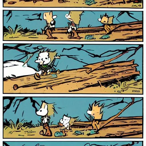 Prompt: John Calvin and Thomas Hobbes walking across a fallen log, cartoon, newspaper comic strip, by Bill Watterson.