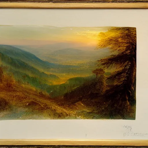 Prompt: a beautiful watercolor painting of an epic appalachian wilderness at dawn by j. m. w. turner, wide angle shot, godrays, mystical, deep shadows, epic scale