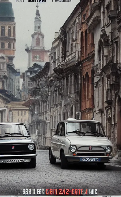 Image similar to vaz 2101 fiat 124 in east European city. Film poster. Epic cinematic