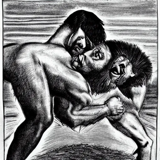 Image similar to man and lion wrestling Art