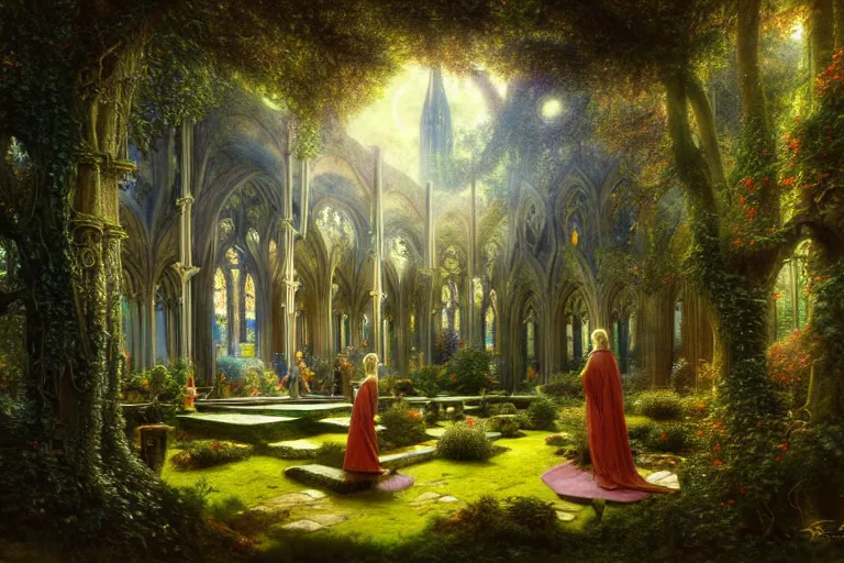 Prompt: a beautiful and highly detailed photo painting of an elven cathedral in a beautiful garden in a mystical forest, psychedelic, intricate details, cgsociety, 8 k, sharp focus, photorealism, by caspar friedrich, albert bierstadt, james gurney, brian froud,