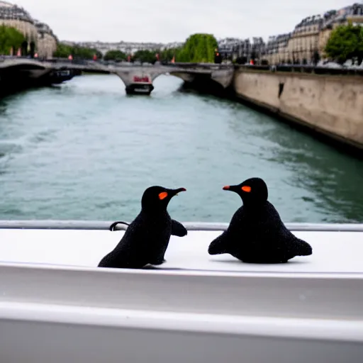 Image similar to two little penguins in a heart locket holding hands on a boat near the Seine in Paris