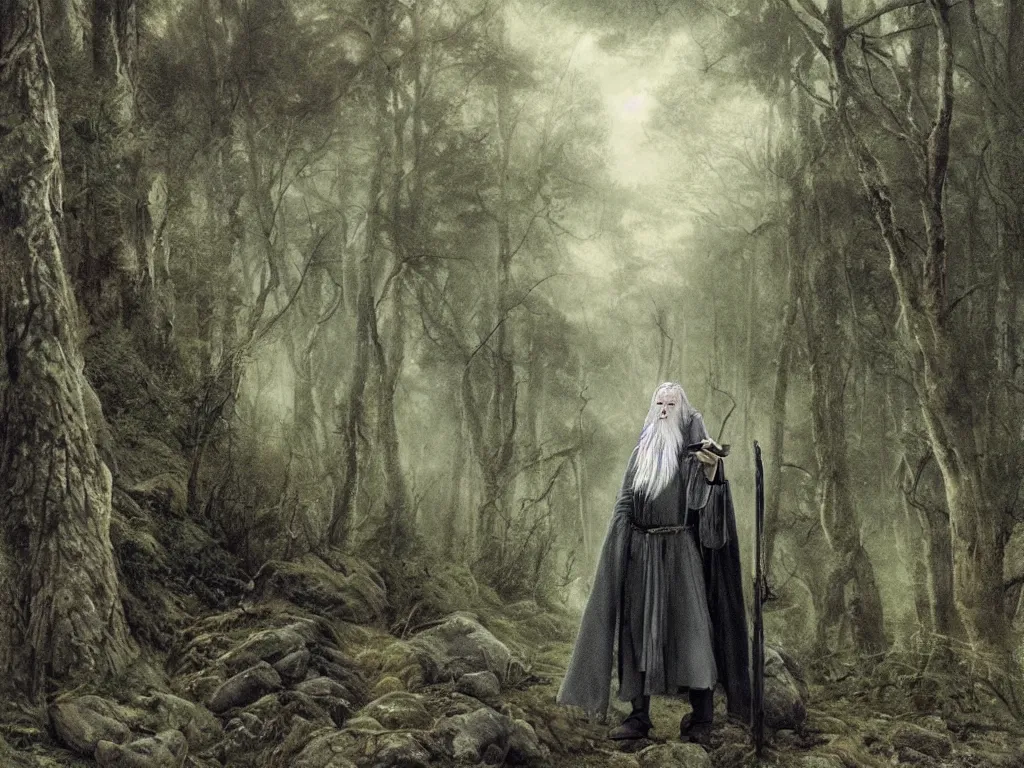 Image similar to Gandalf the Grey travelling in the forest, neo-romanticism